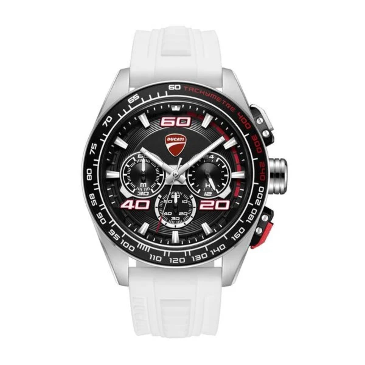White watch with black dial and red accents on a white background