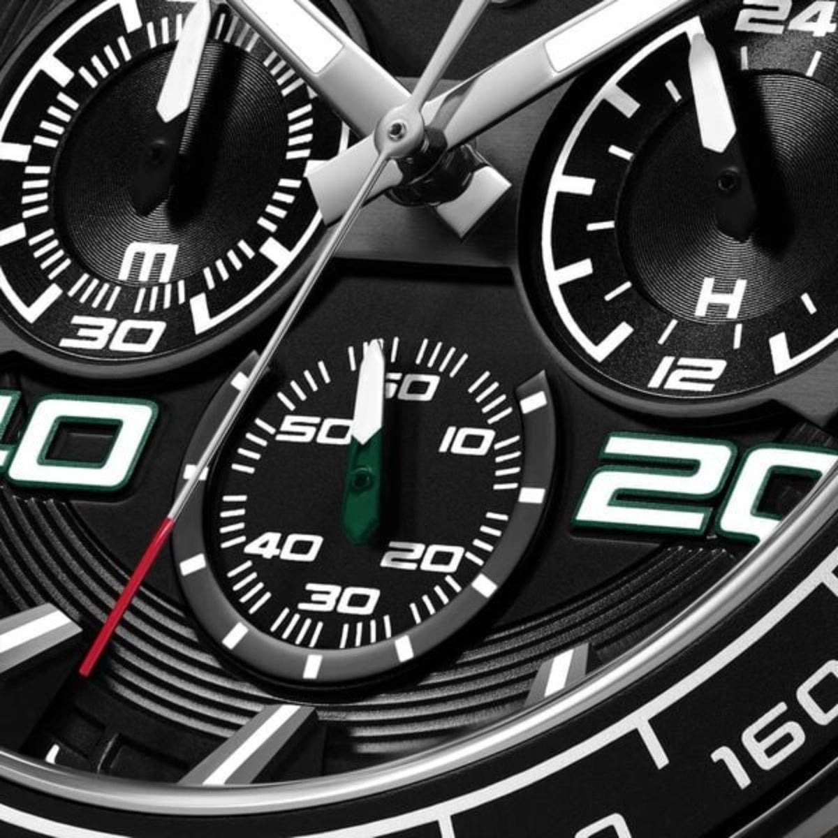 Close-up of a detailed watch face with multiple sub-dials.