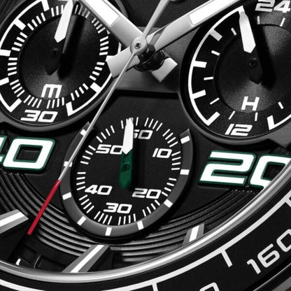 Close-up of a detailed watch face with multiple sub-dials.