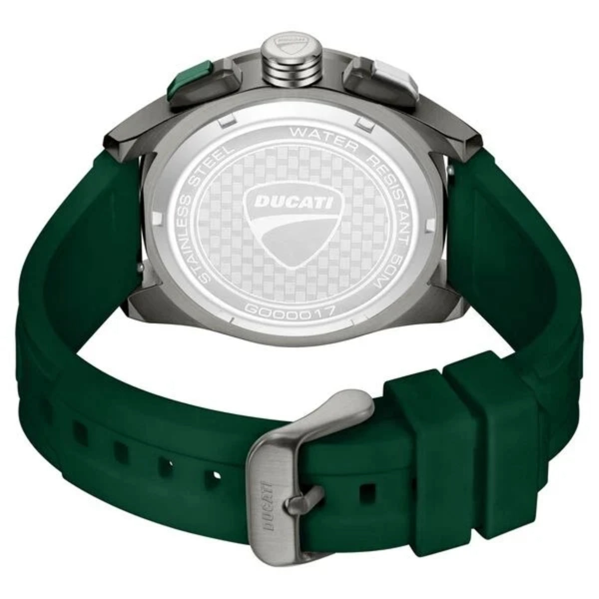 Wristwatch with green strap and Ducati logo on a white background