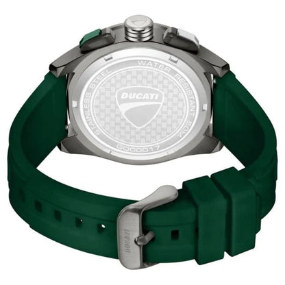 Wristwatch with green strap and Ducati logo on a white background