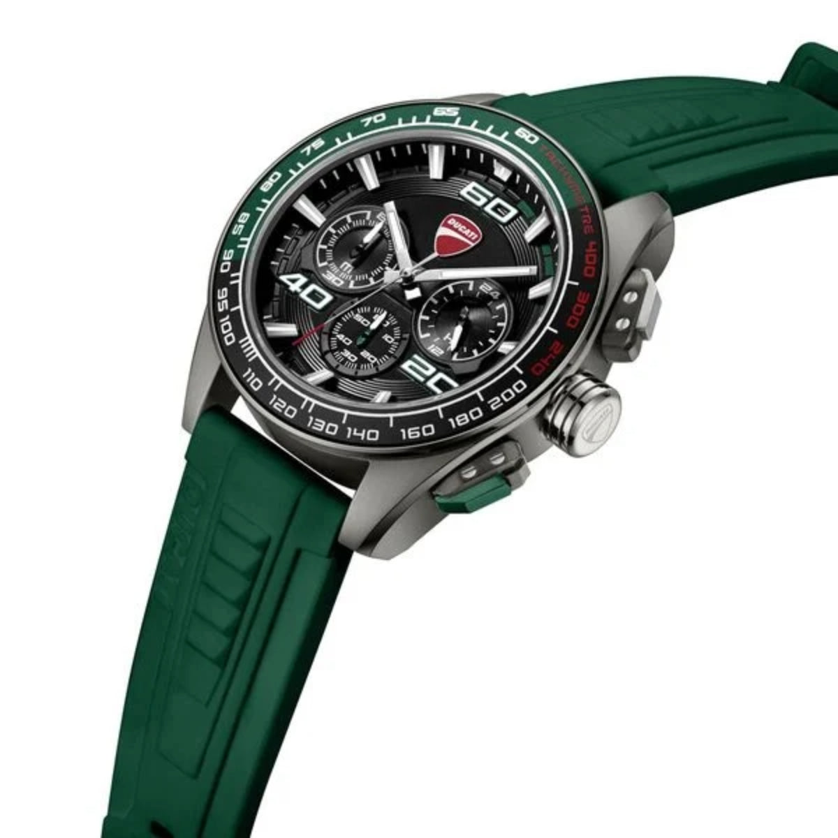 Green wristwatch with detailed face on a white background
