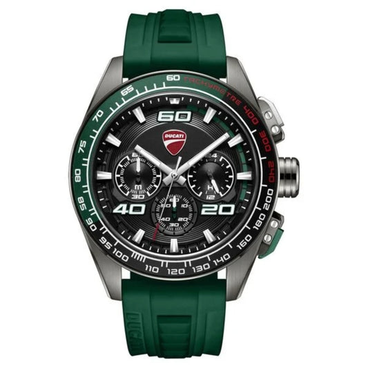 Green wristwatch with detailed face on a white background