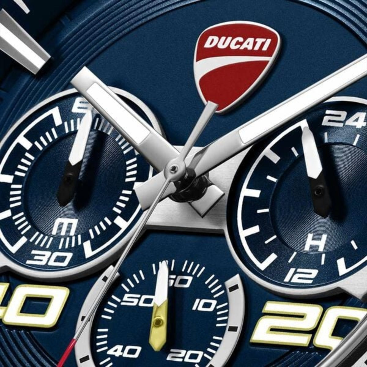 Ducati watch with blue face and silver accents