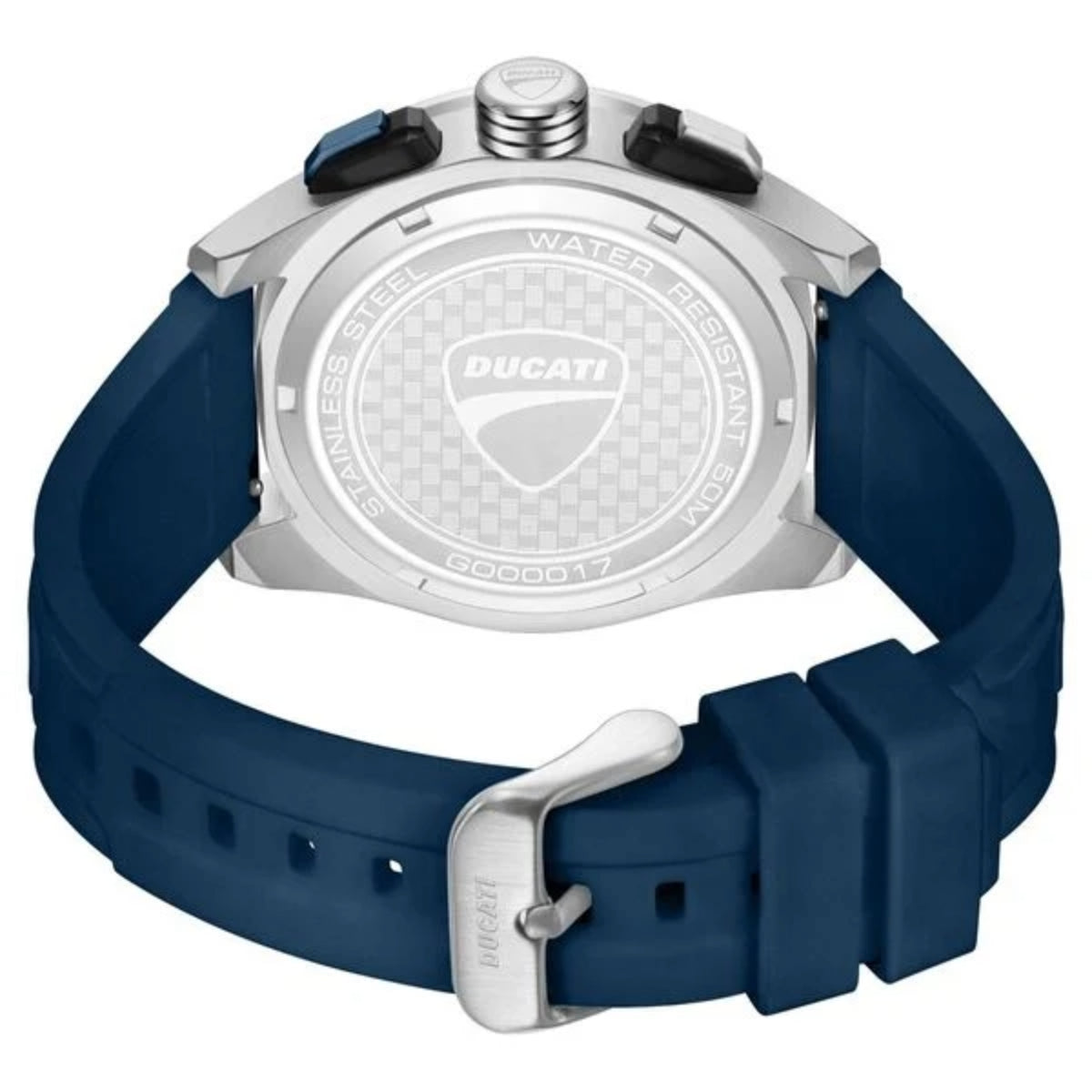 Ducati watch with blue strap and silver case on a white background