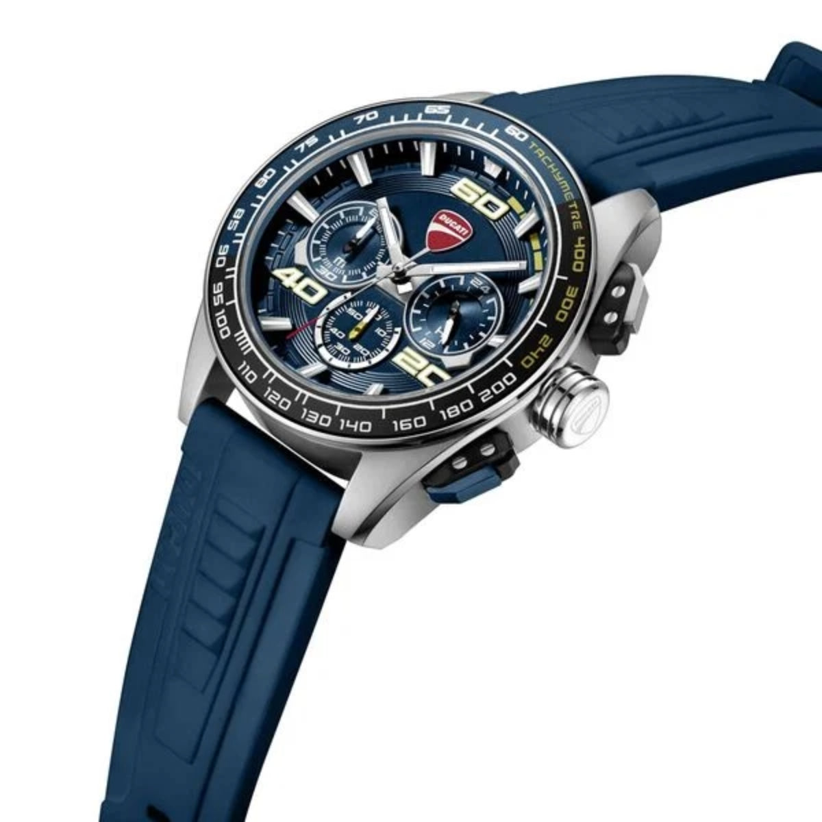 Blue watch with a detailed face on a white background