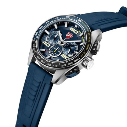 Blue watch with a detailed face on a white background