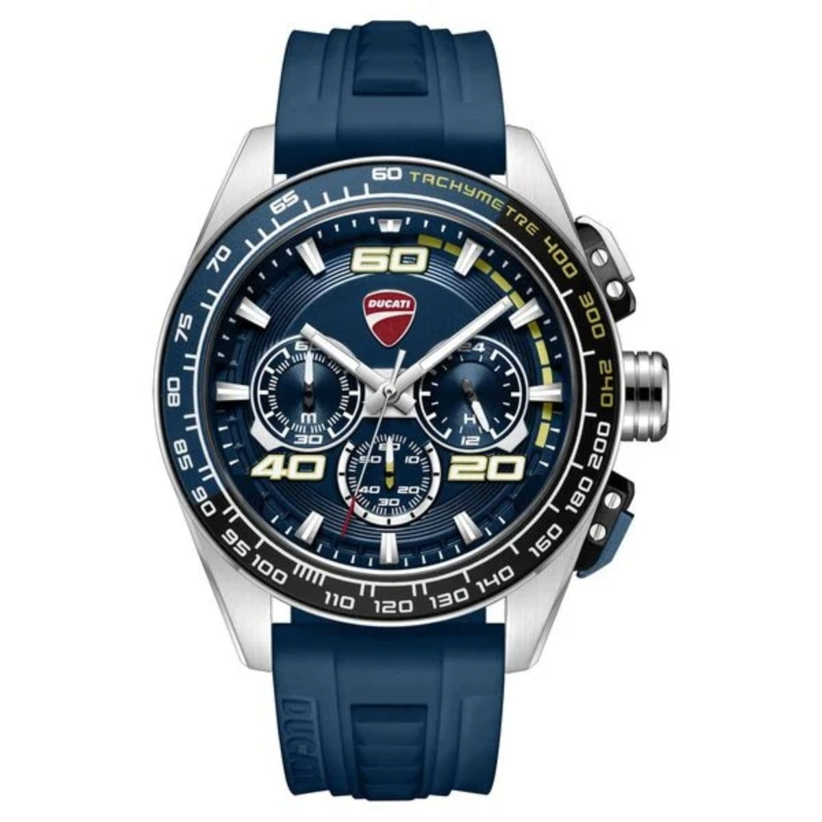 Blue and silver watch with Ducati logo on a white background