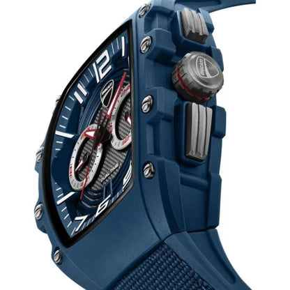 Blue watch with detailed face and buttons on a white background