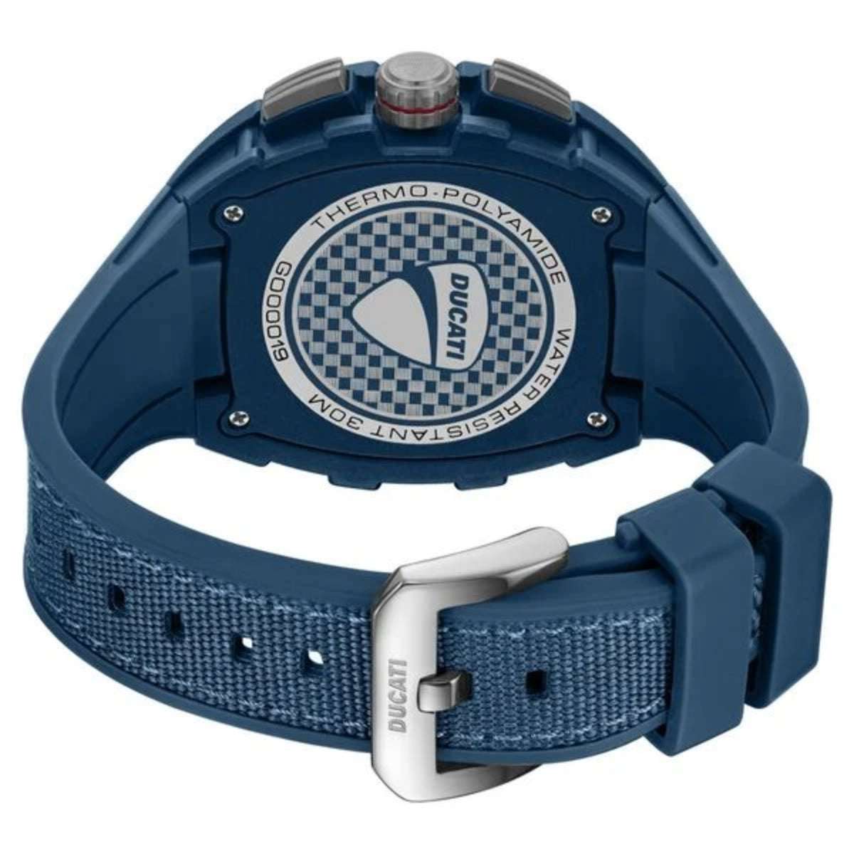 Blue Ducati watch with detailed back design on a white background