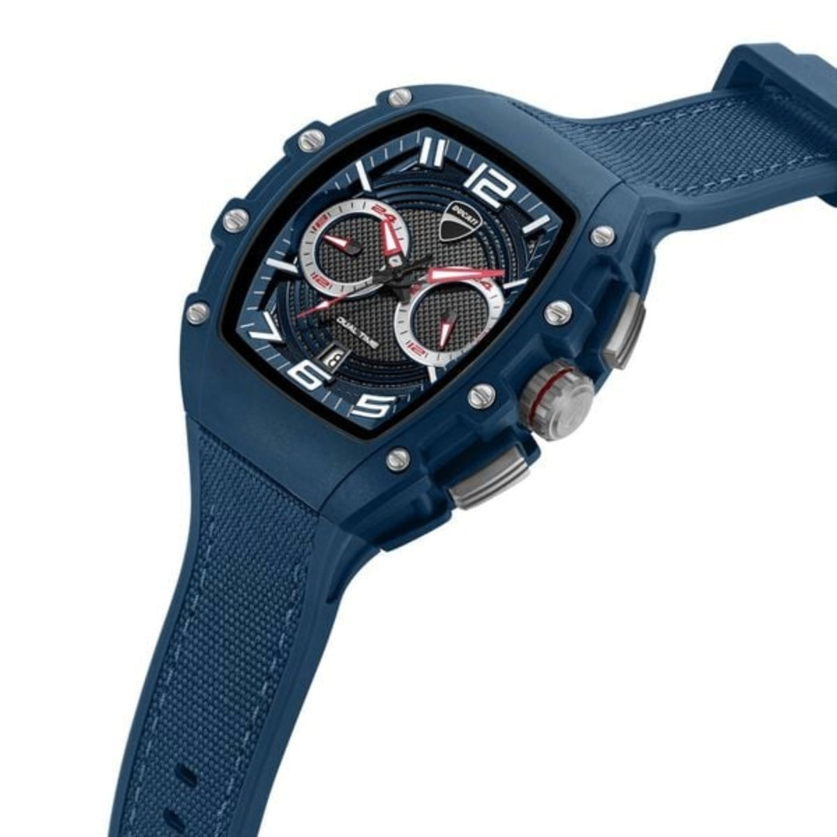 Blue watch with a detailed face on a white background