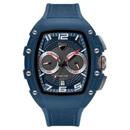 Blue watch with a detailed face on a white background