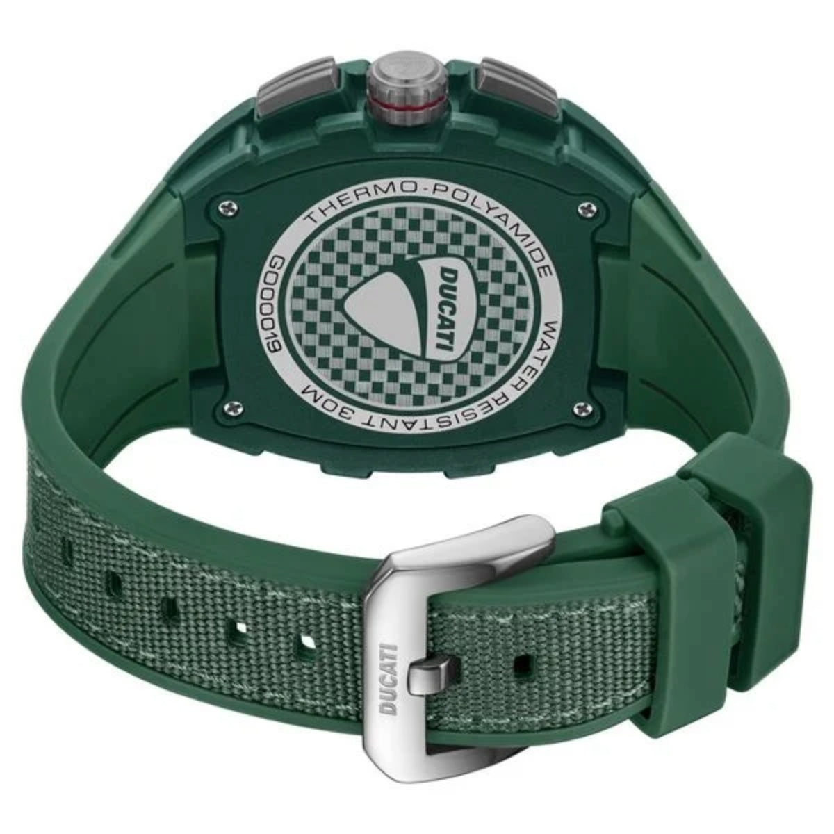 Green watch with a detailed case and strap on a white background