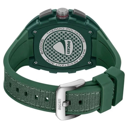 Green watch with a detailed case and strap on a white background