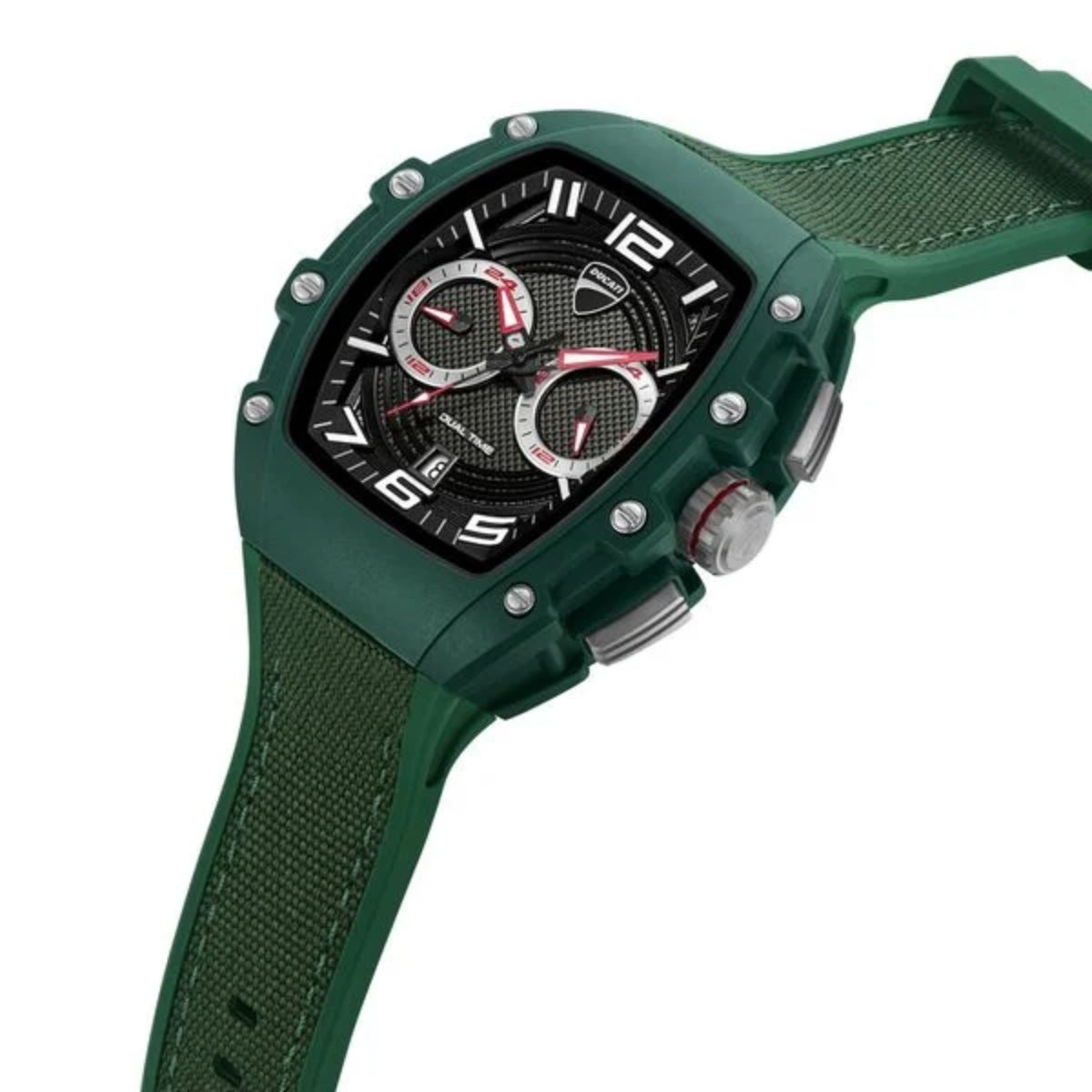 Green watch with detailed face on a white background