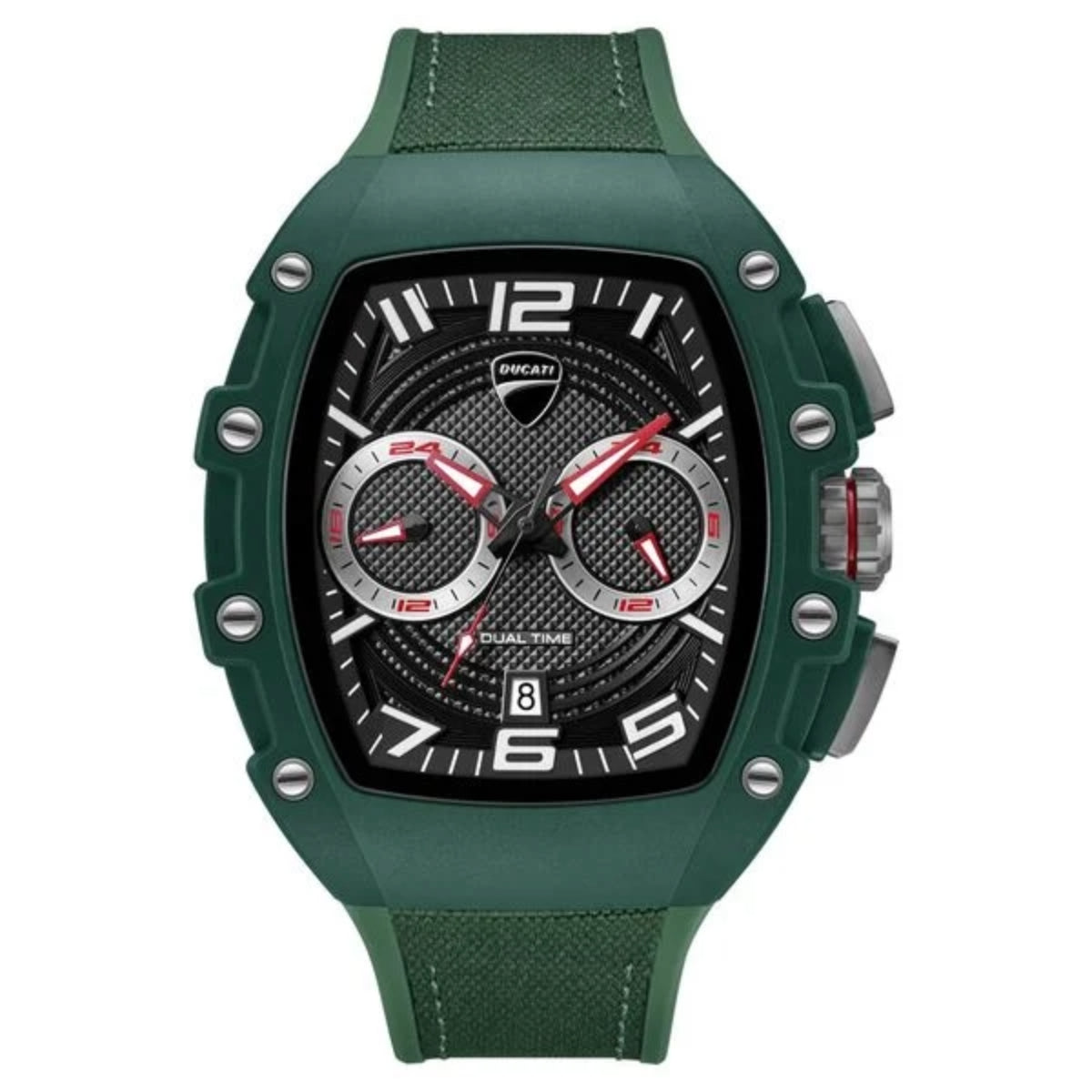 Green watch with a detailed face on a white background