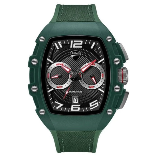 Green watch with a detailed face on a white background