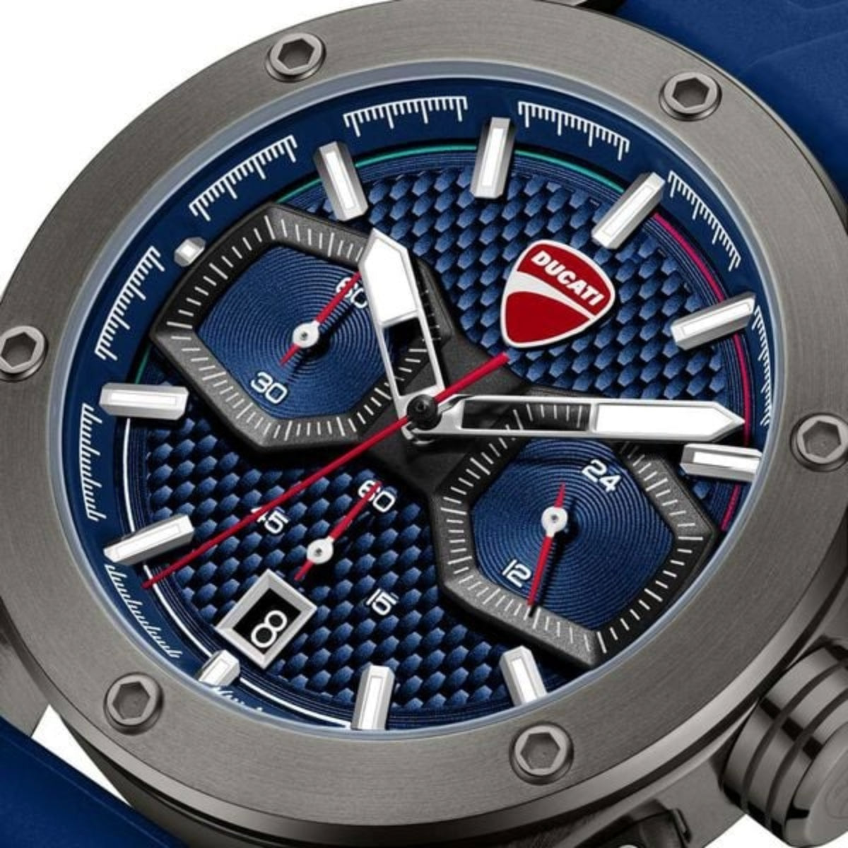 Close-up of a Ducati-branded watch with a blue and silver design.