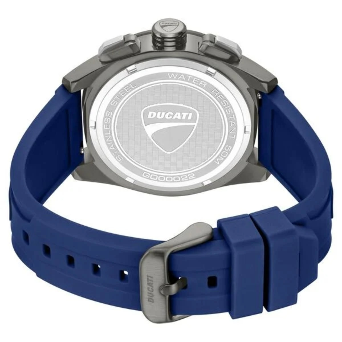 Ducati watch with blue strap and silver case on a white background