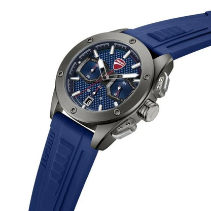 Wristwatch with blue strap and detailed face on a white background