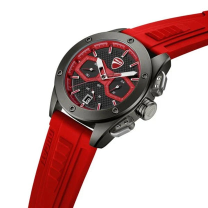 Watch with red strap and black dial on a white background