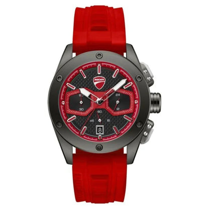 Wristwatch with red strap and black dial on a white background