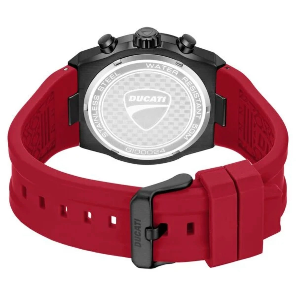Ducati watch with red strap and black case on a white background