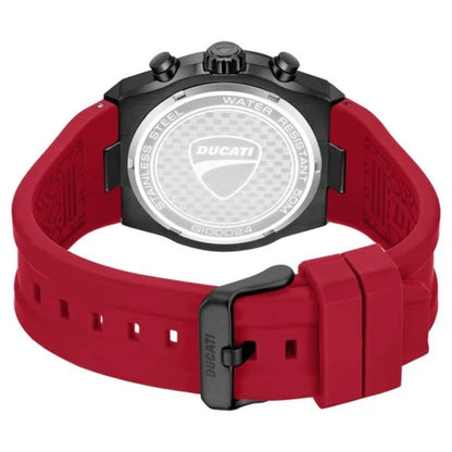 Ducati watch with red strap and black case on a white background