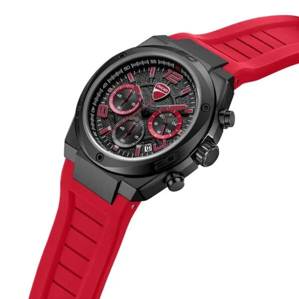 Wristwatch with red strap and black dial on a white background