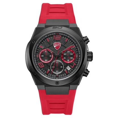 Wristwatch with red and black strap on a white background