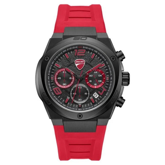 Wristwatch with red and black strap on a white background