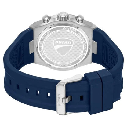 Ducati watch with blue strap and silver case on a white background