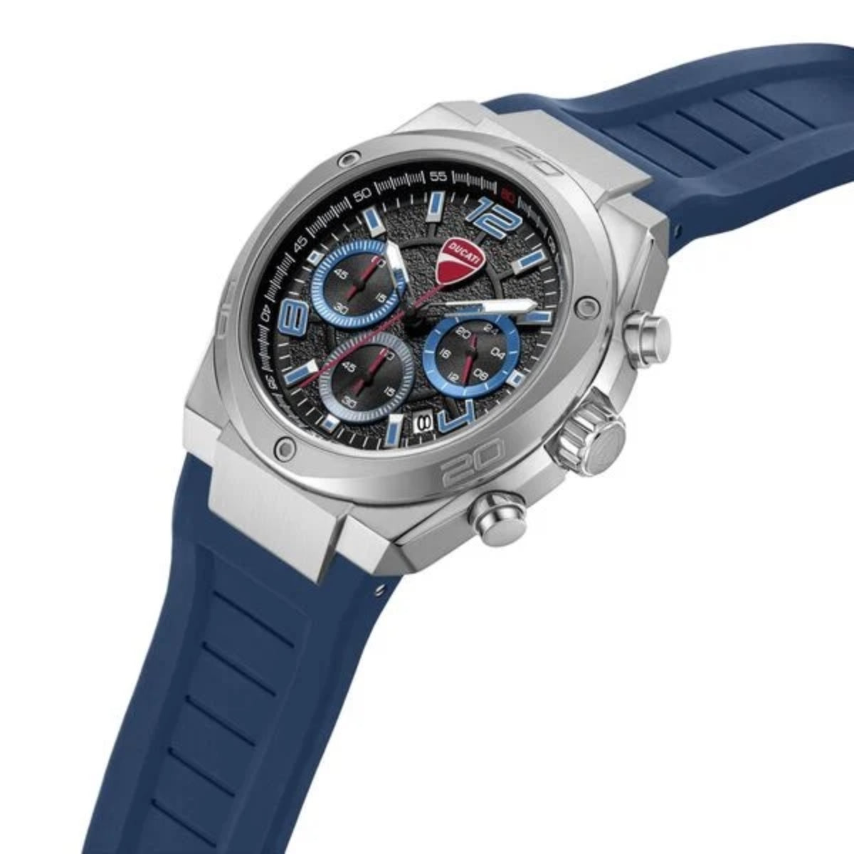 Wristwatch with blue strap and silver case on a white background