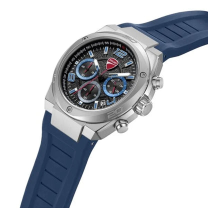 Wristwatch with blue strap and silver case on a white background