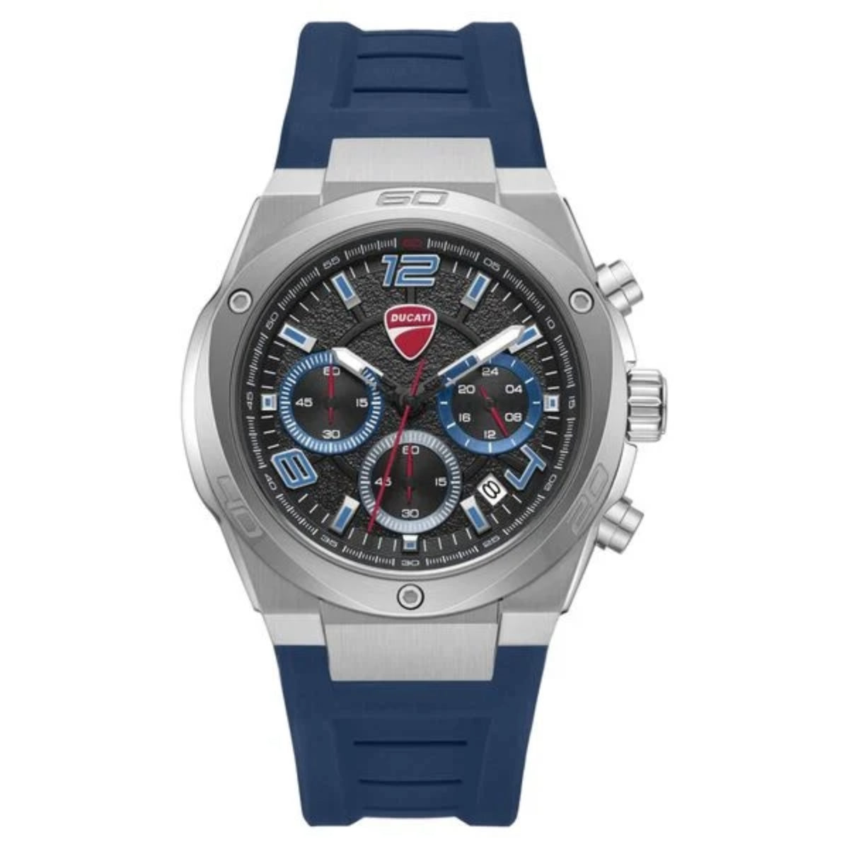 Wristwatch with blue strap and silver case on a white background