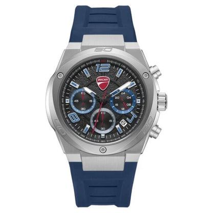 Wristwatch with blue strap and silver case on a white background