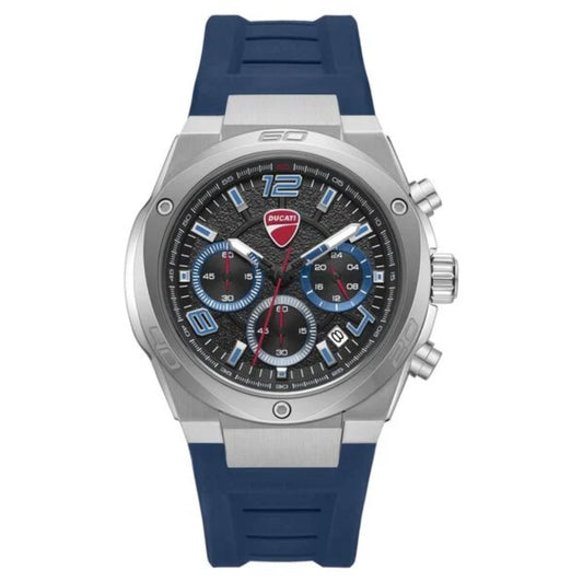 Wristwatch with blue strap and silver case on a white background