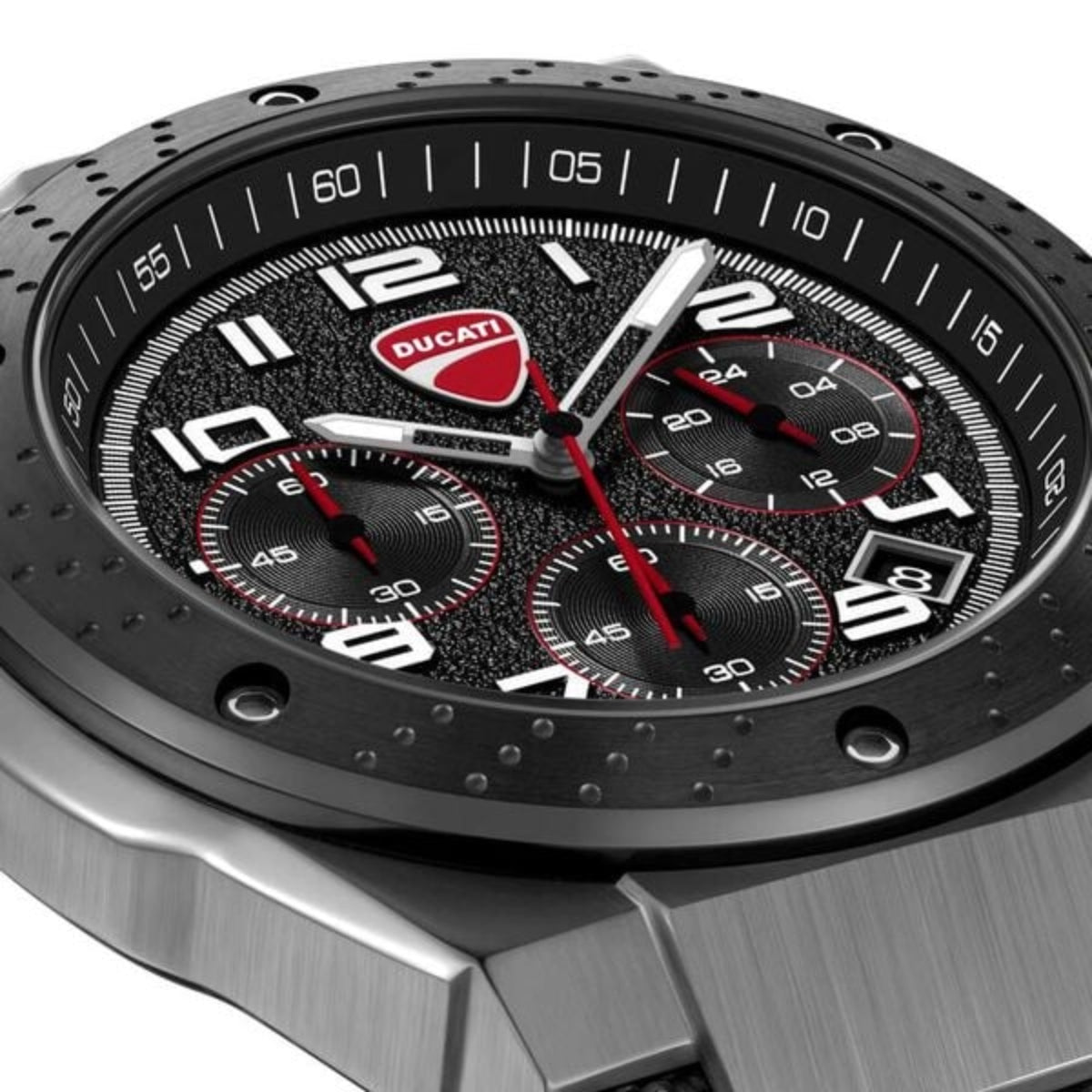 Ducati watch with a detailed face and metallic band on a white background