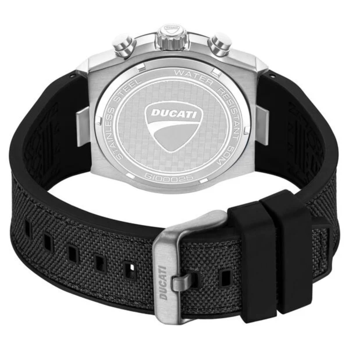 Ducati watch with black strap and silver case on a white background