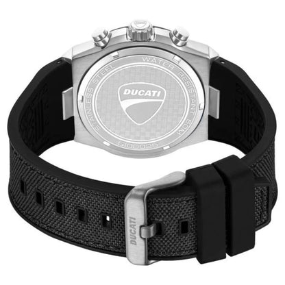 Ducati watch with black strap and silver case on a white background