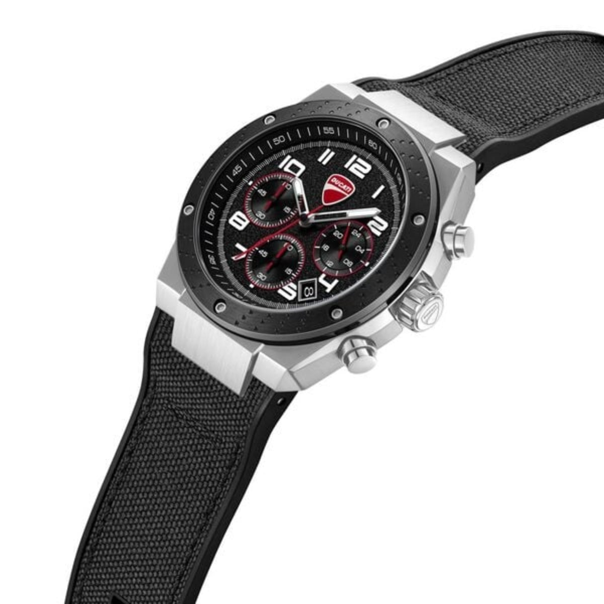 Wristwatch with black strap and silver case on a white background