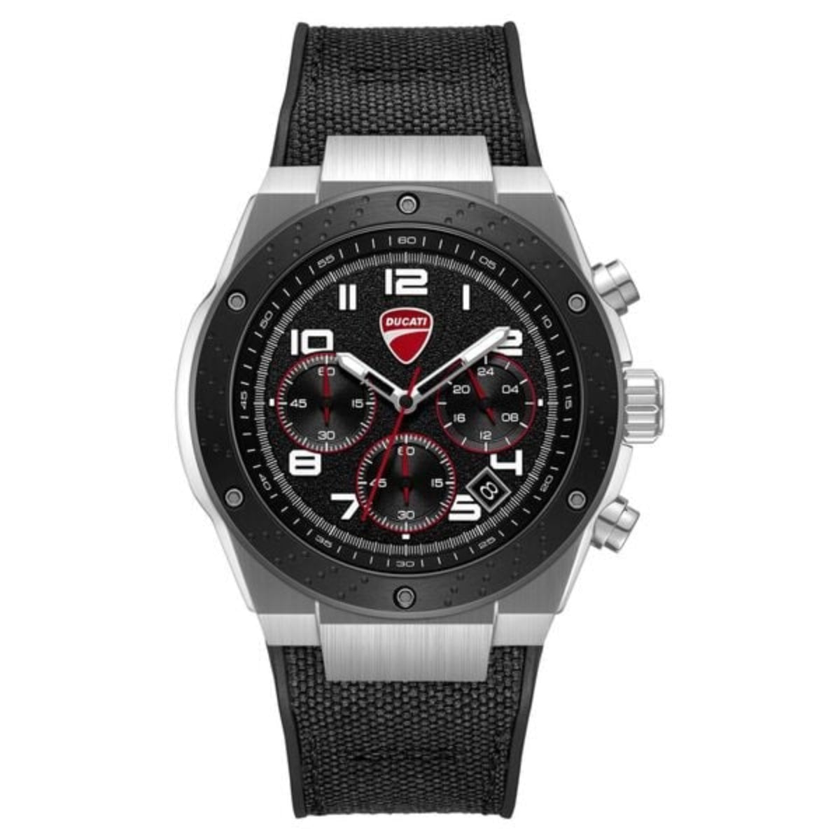 Ducati watch with black face and strap on a white background