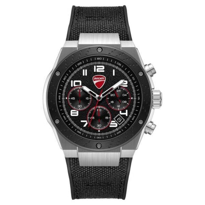 Ducati watch with black face and strap on a white background