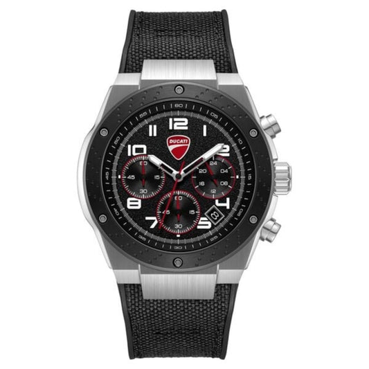 Ducati watch with black face and strap on a white background