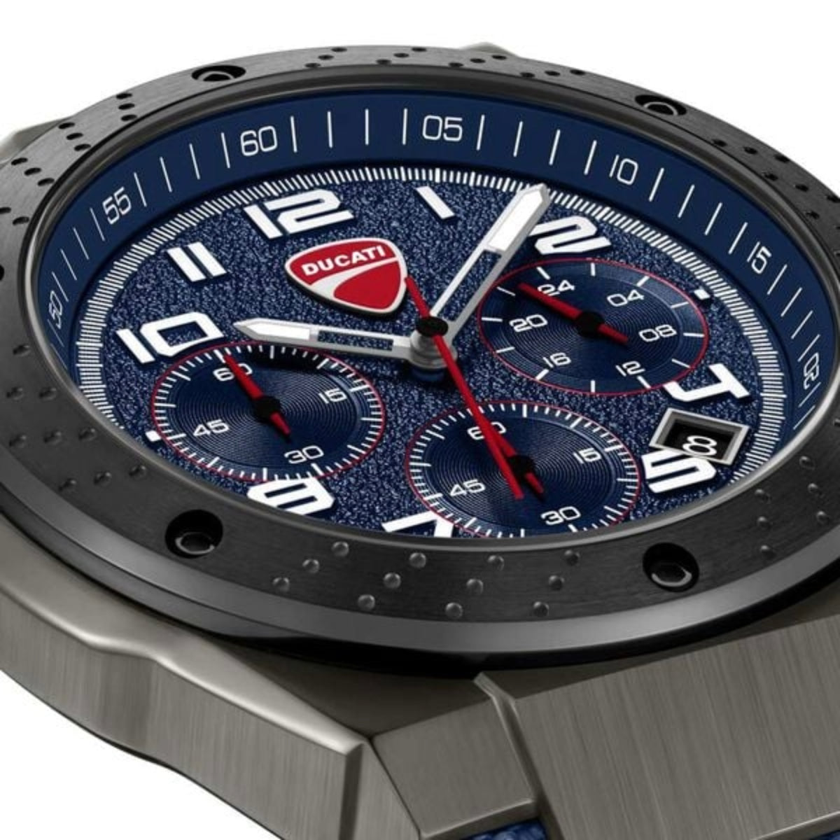 Ducati watch with blue face and silver case on a white background