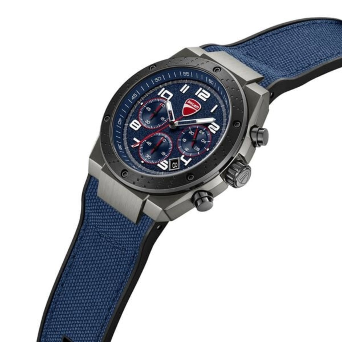Wristwatch with blue strap and detailed face on a white background