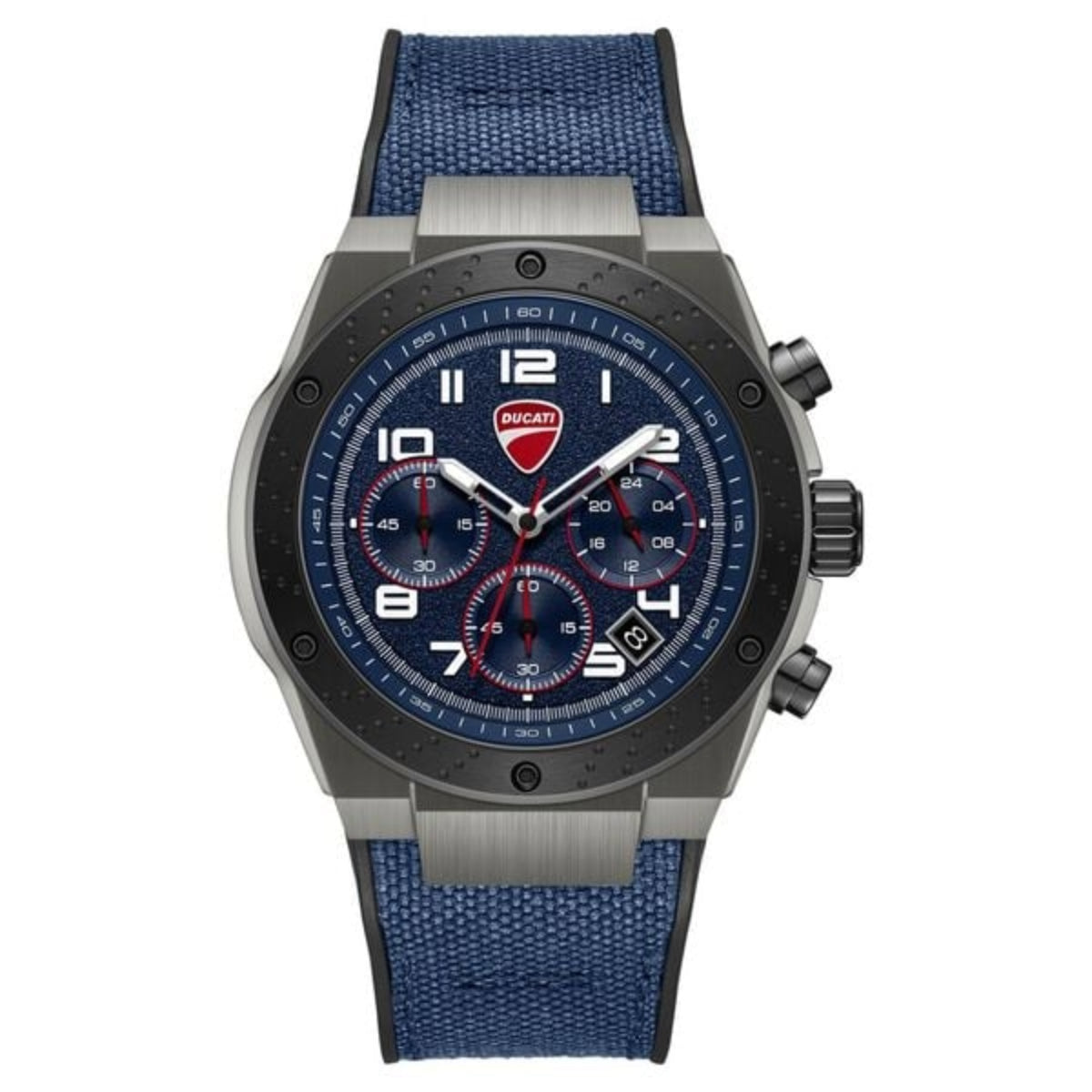 Ducati watch with blue strap and blue face on a white background