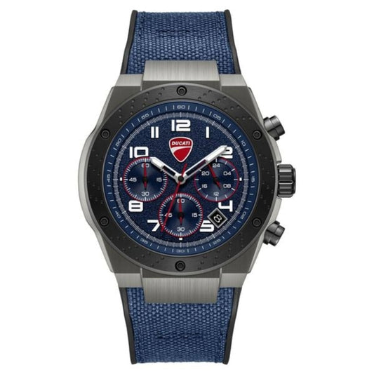 Ducati watch with blue strap and blue face on a white background