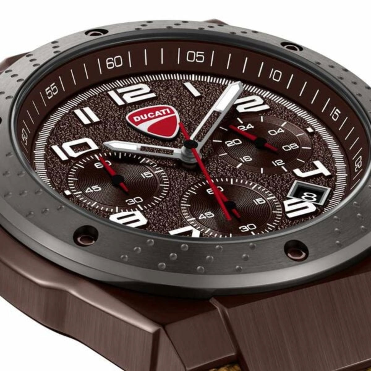 Brown watch with detailed face and Ducati logo on a white background