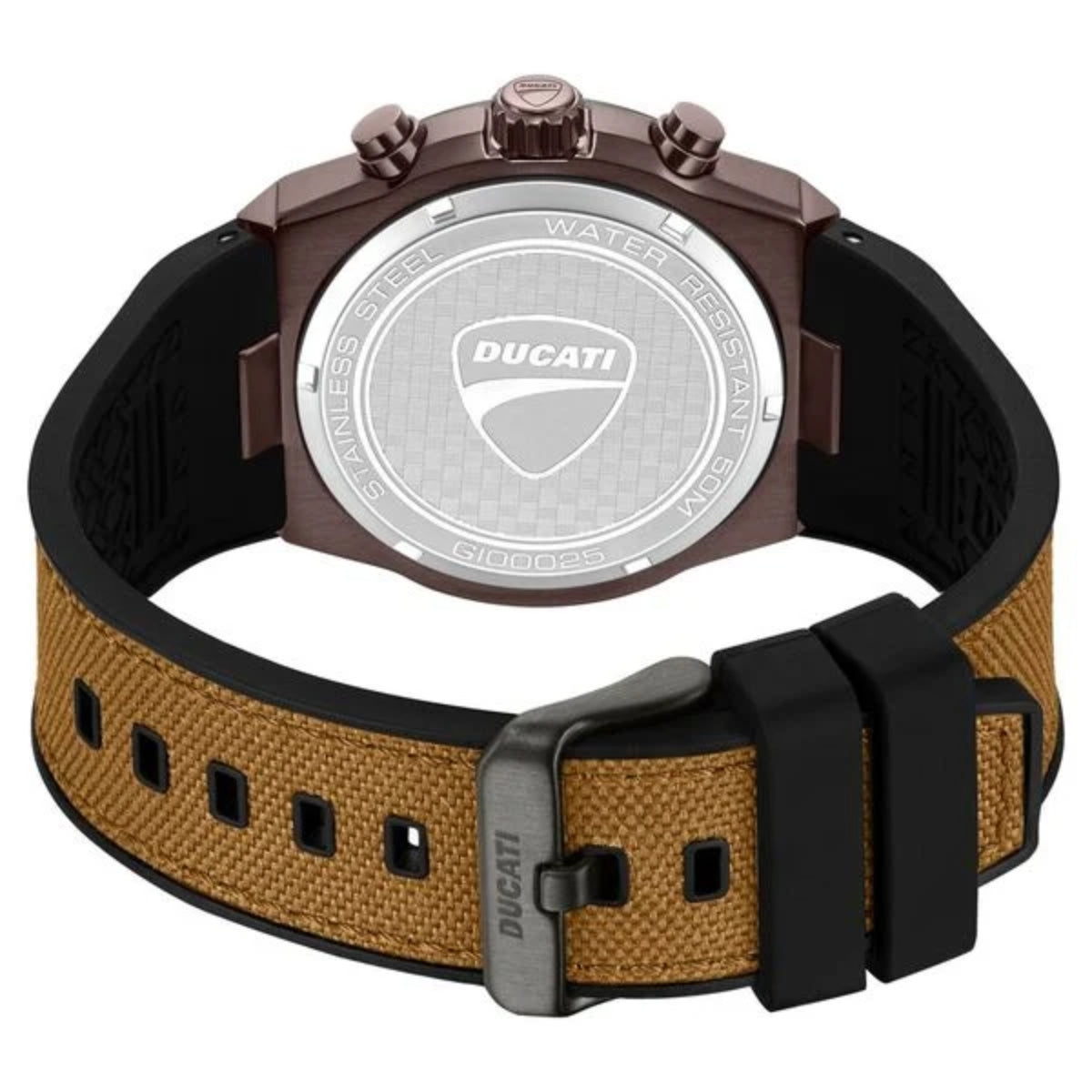 Ducati watch with brown strap and black casing on a white background